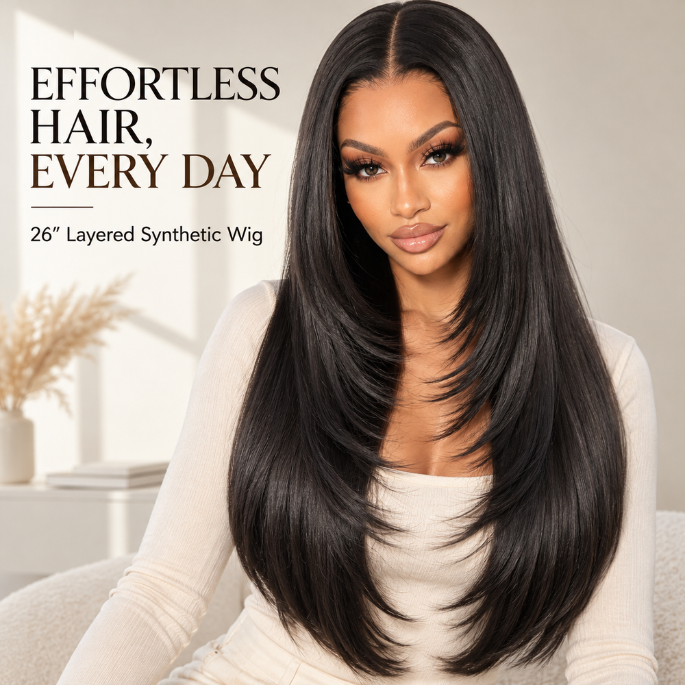 26 inch layered synthetic wig in black