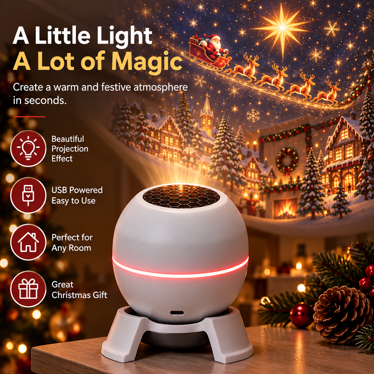 Christmas projector featured alongside key product benefits