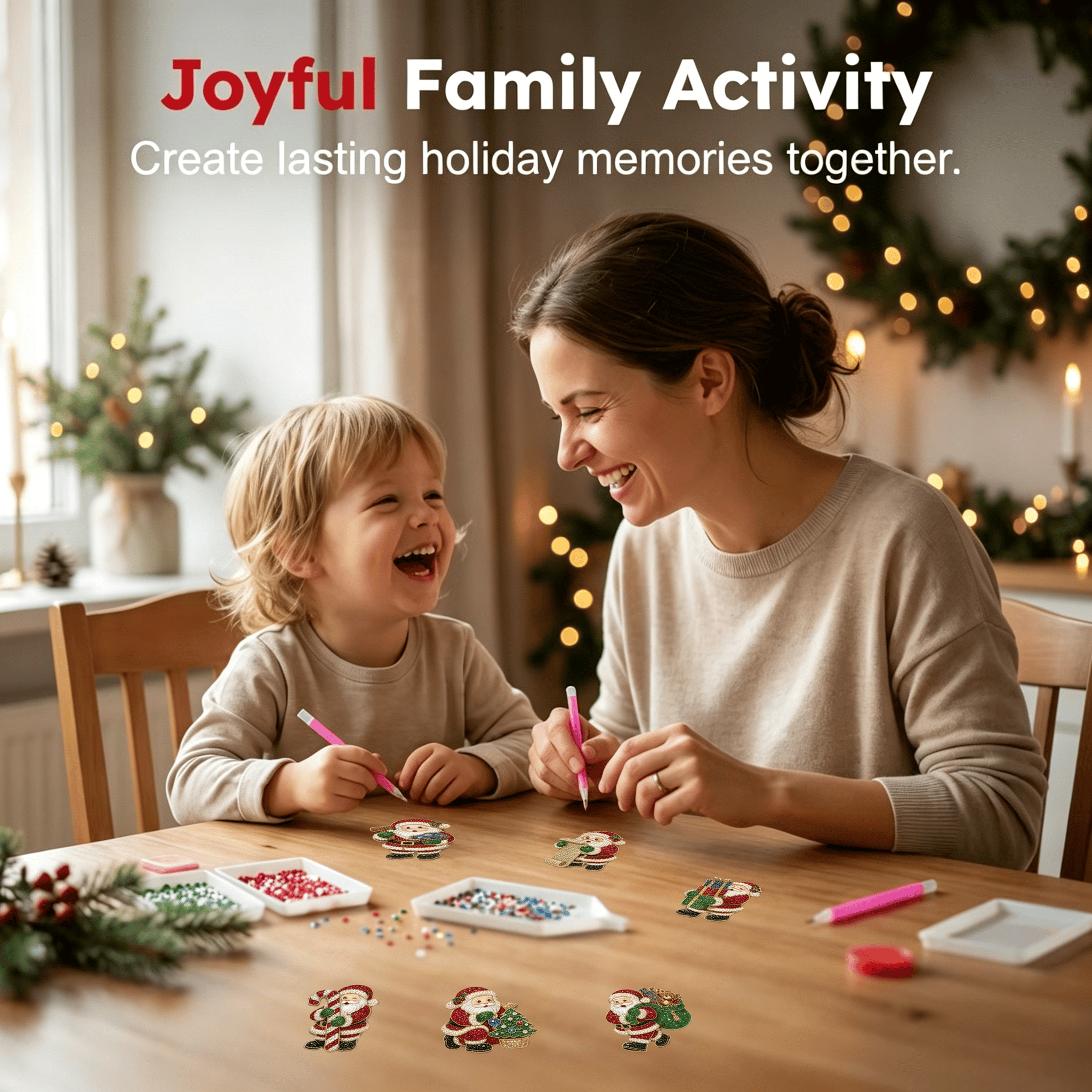 Family enjoying Santa Claus diamond painting crafts together