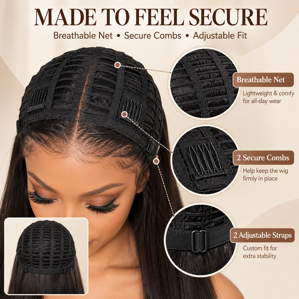 Synthetic wig cap features breathable net combs and adjustable straps