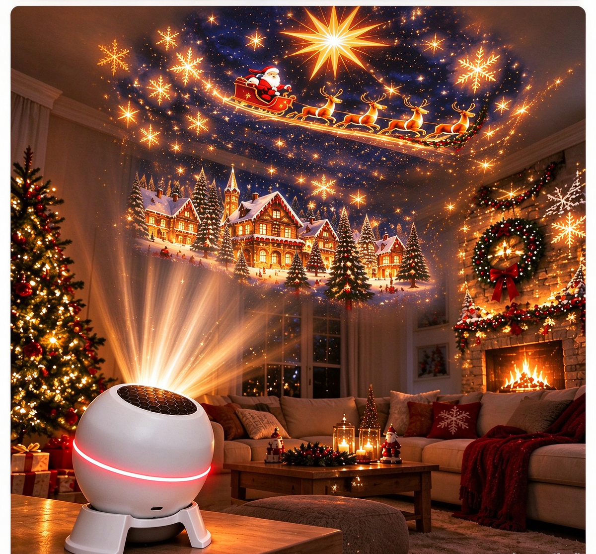 Christmas projector decorating a holiday living room