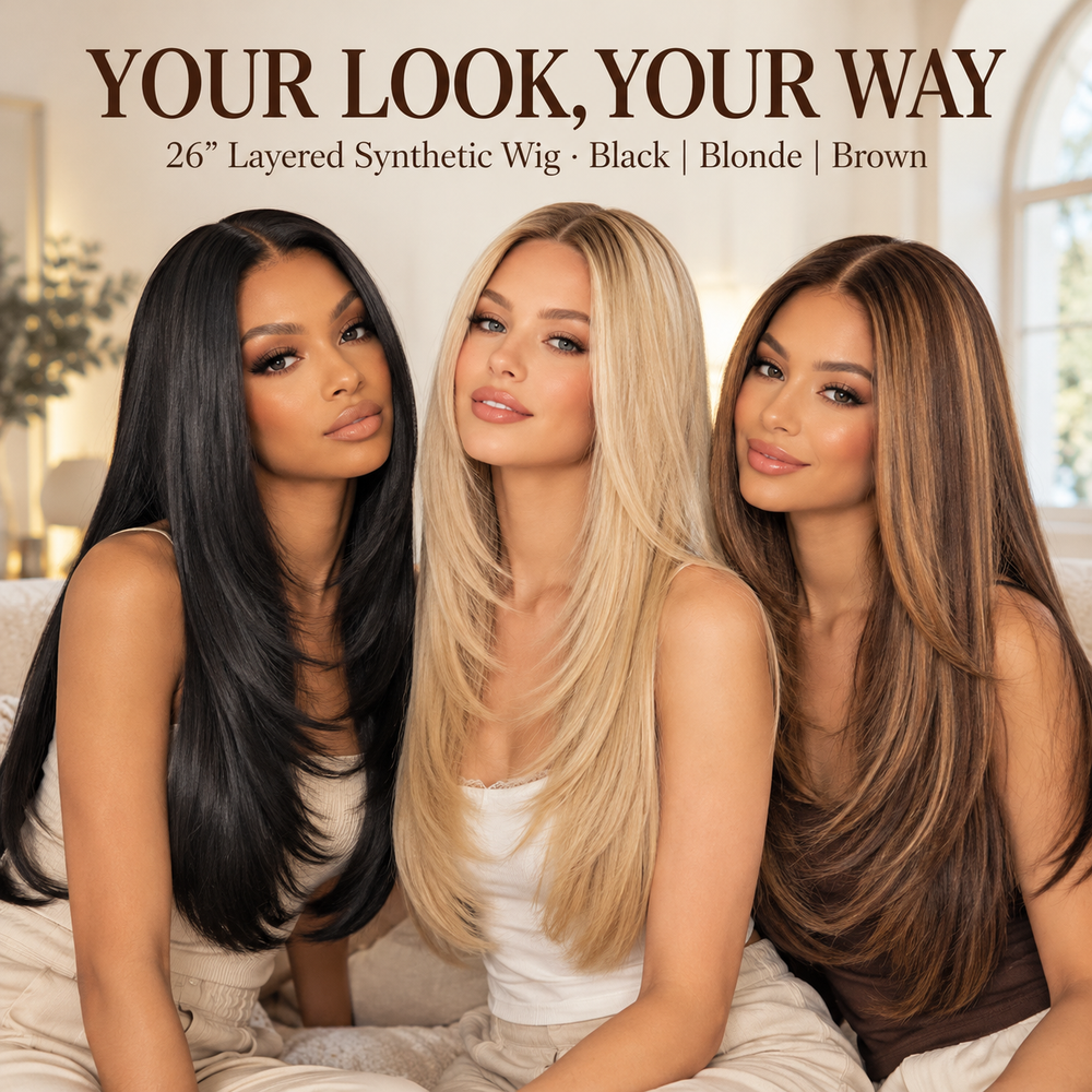 Long layered synthetic wigs styled in black blonde and brown