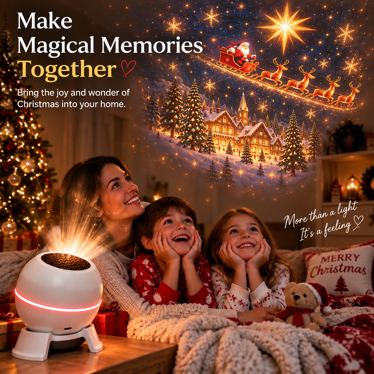 Family admiring the Christmas projector in a holiday setting