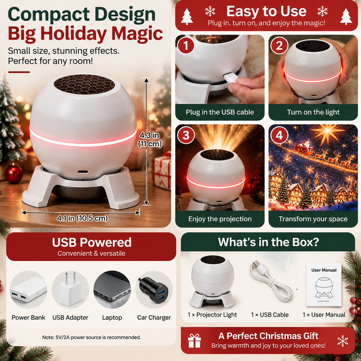 Christmas projector dimensions, USB setup steps and included items