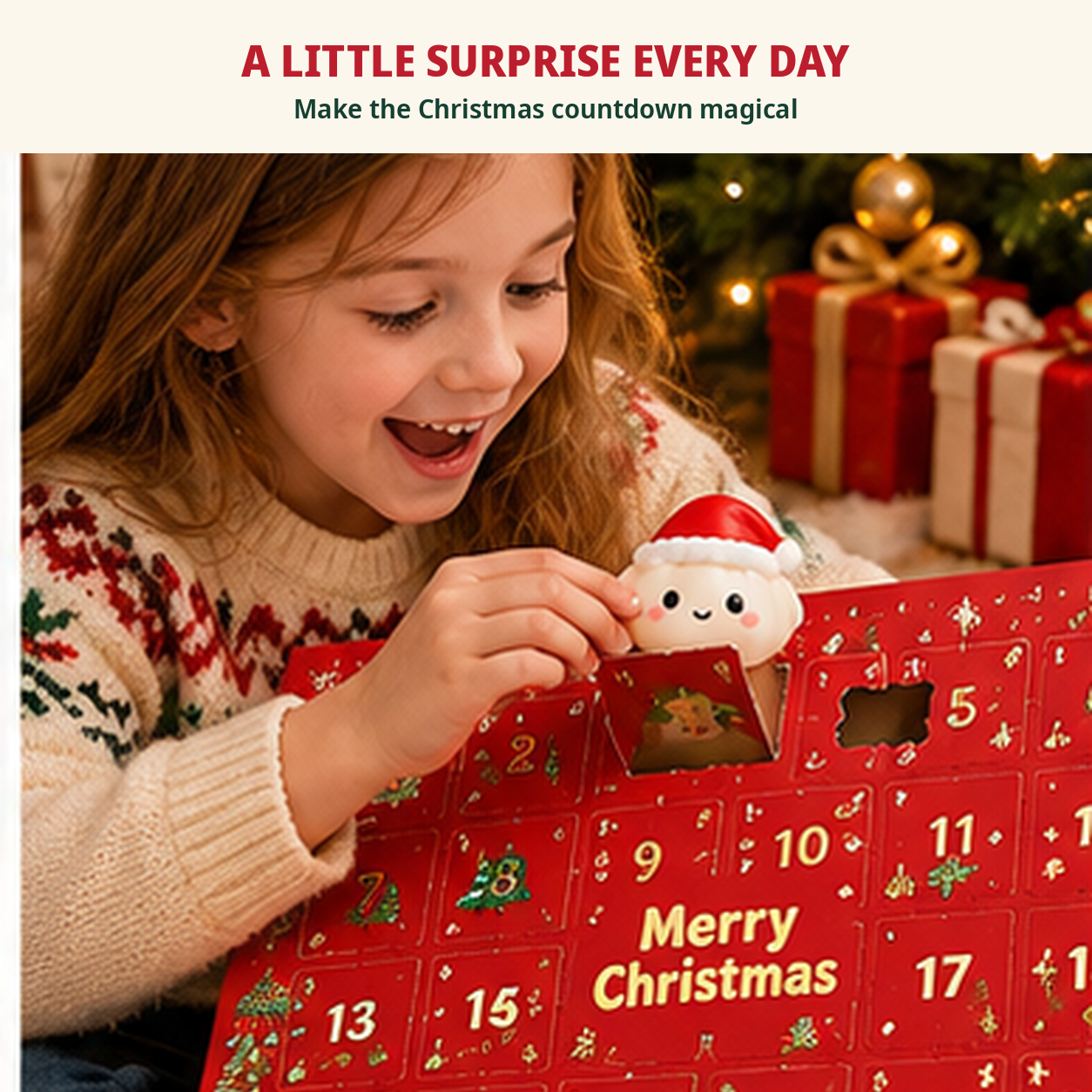Child happily opening a numbered door of the Christmas dumpling advent calendar