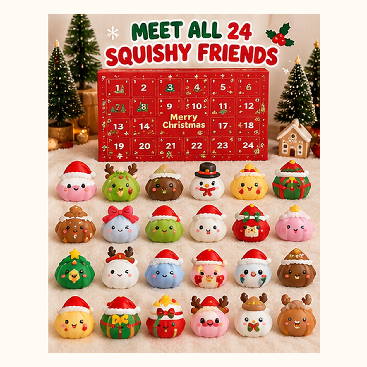 Collection display of 24 colorful Christmas-themed dumpling squishy designs