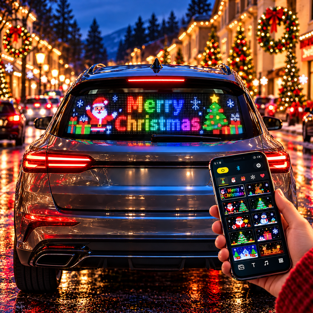 Christmas LED pixel display on a vehicle rear window with colorful festive animations