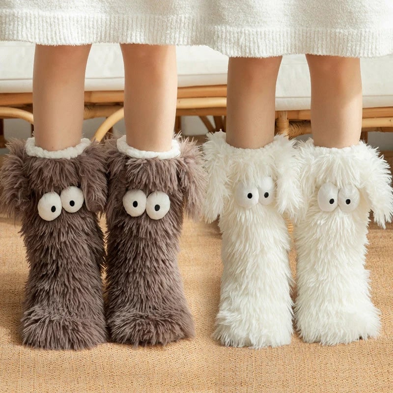 Fluffy monster slipper socks worn at home